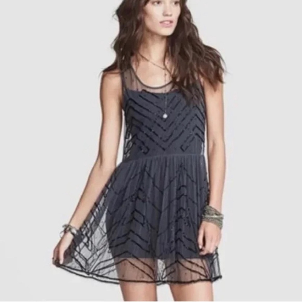 Free People Black Navy Mesh Sequin Fit-and-Flare Dress